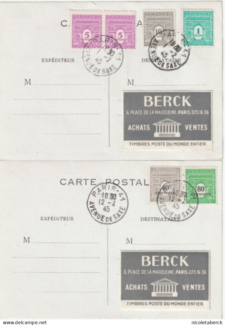 Arc De Triomphe, 2 Cartes De 1945 Du 01/02 Et 12/02. Collection BERCK. - 1944-45 Arco Del Triunfo