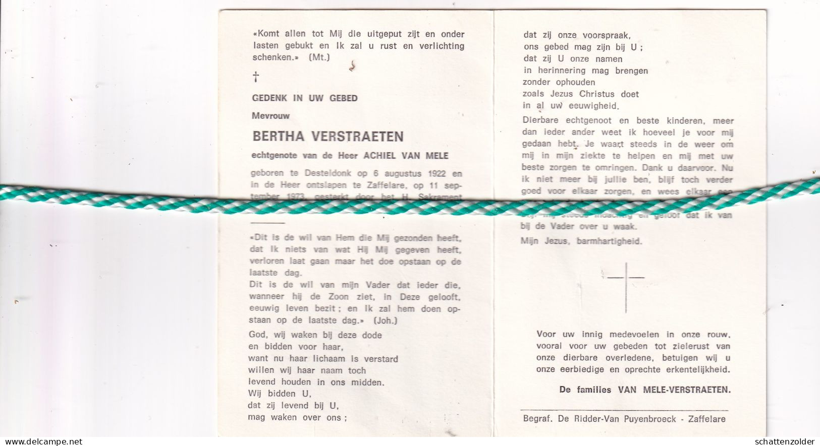 Bertha Verstraeten-Van Mele, Desteldonk 1922, Zaffelare 1973 - Décès