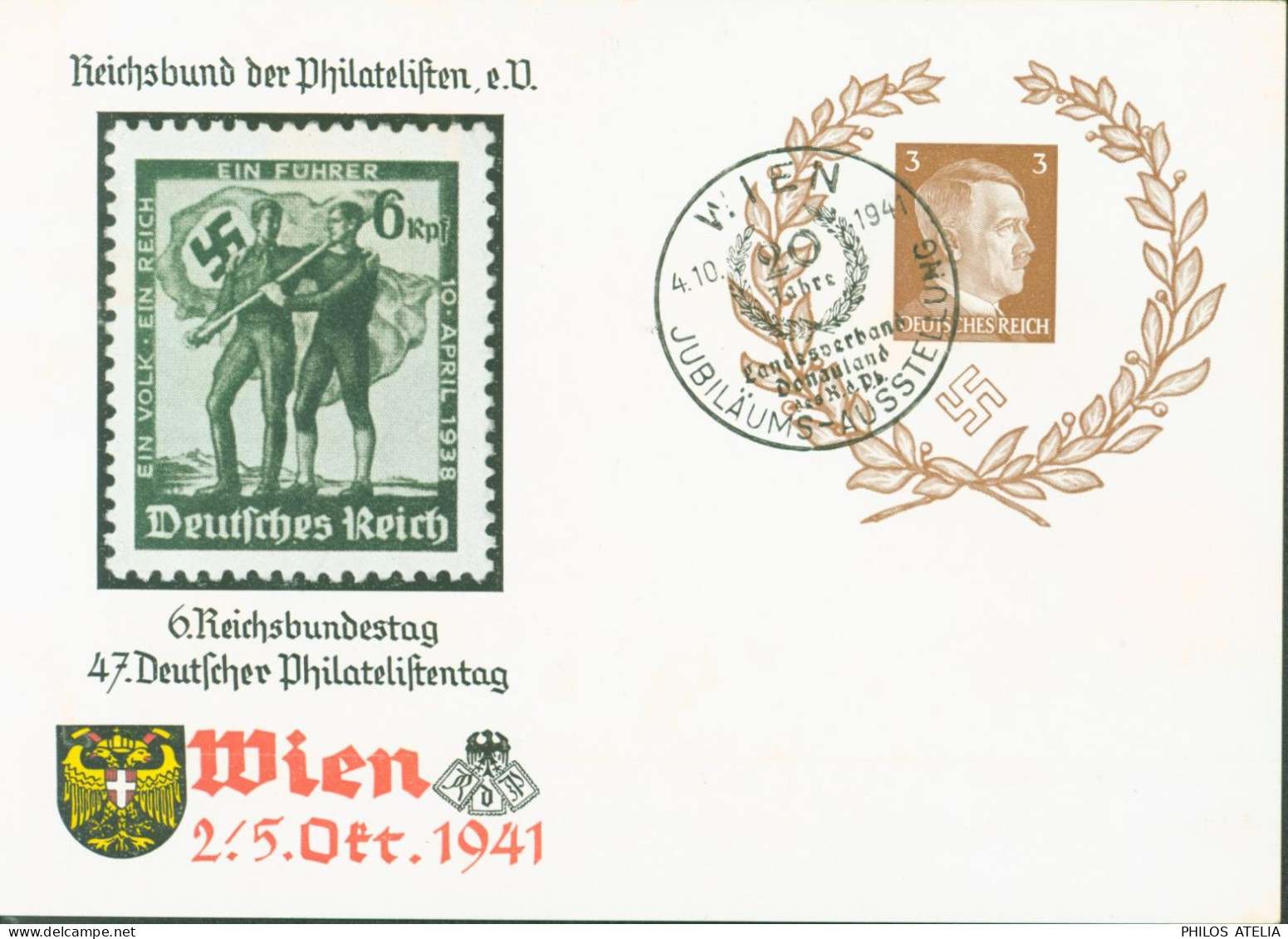 Entier Deutsches Reich Hitler Reichsbund Der Philatelisten 6 Reichsbundestag 47 Deutscher Philatelistentag Wien1941 - Cartes Postales