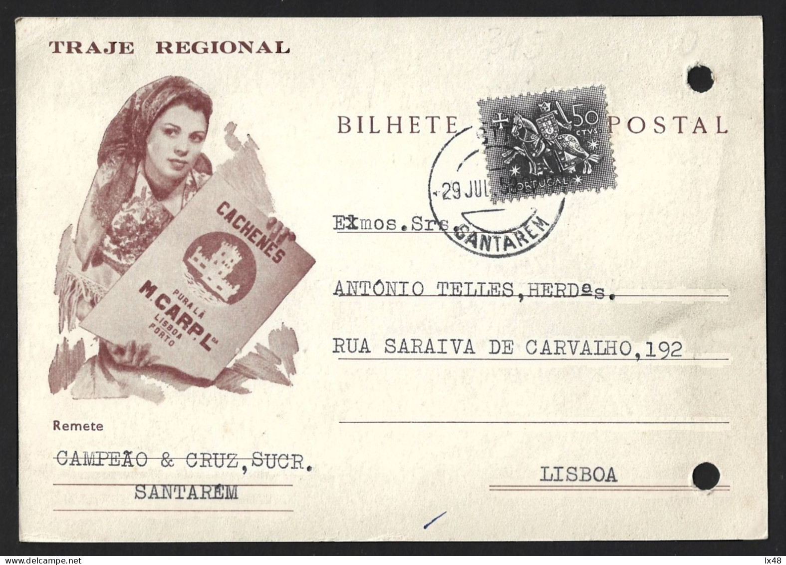 Postcard With Typical Folklore Scarf And Obliteration Santarém 1953. Horse. Cachenes. Postal Com Lenço Típico D Folclore - Storia Postale