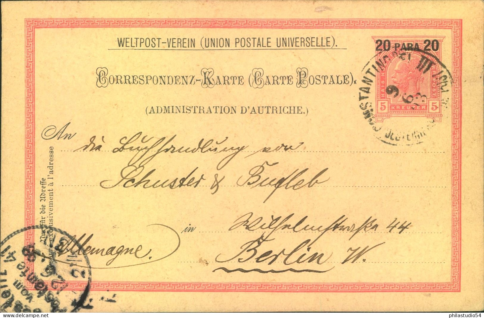 1899, 20 Para Ganzsachenkarte Von CONSTANTINOPEL Nach Berlin - Deutsche Post In Der Türkei