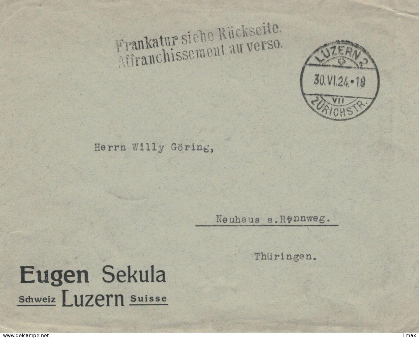 Sekula Luzern Zürichstrasse 1924 > Göring Neuhaus Tell & Sohn - Cartas & Documentos