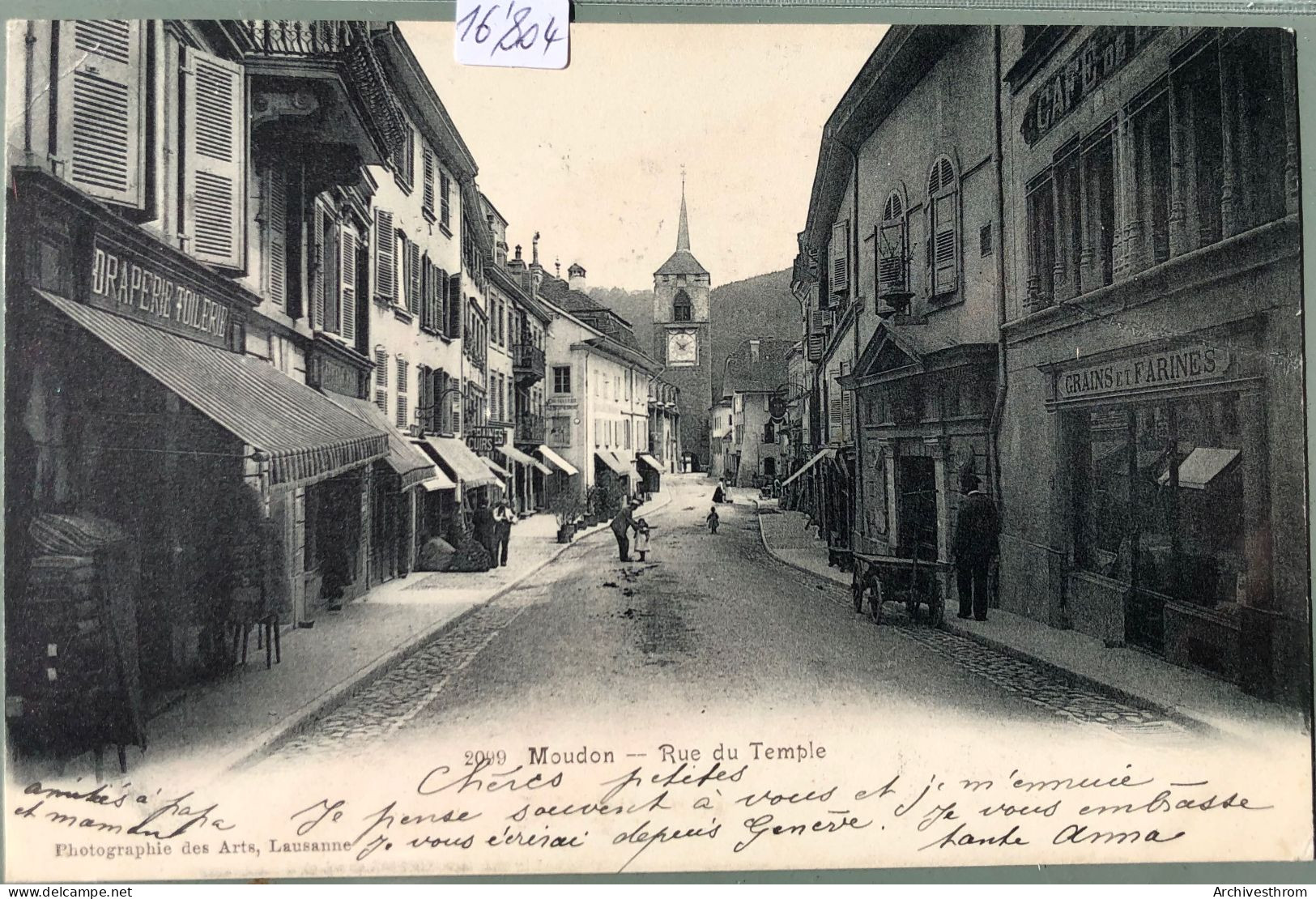Moudon (Vaud) - Rue Du Temple Avec Magasins De Draps Et De Toiles à G. De Grain Et Farine à Dte (16'804) - Moudon