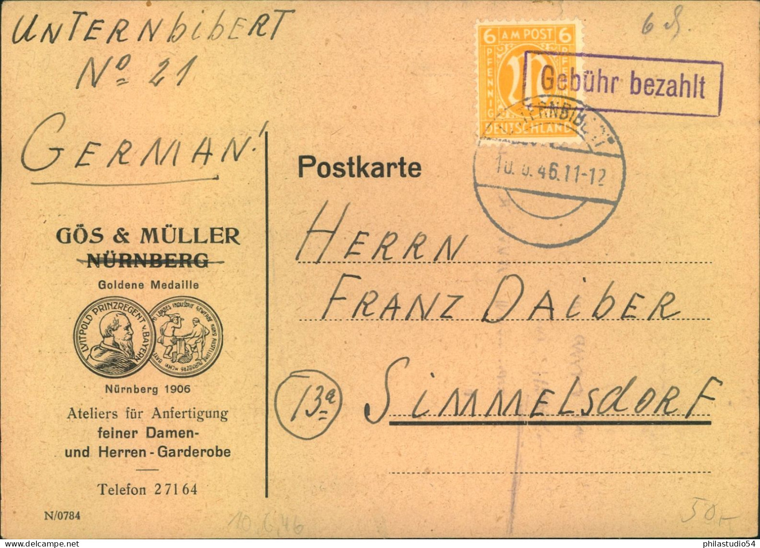 1945, Postkarte 6 Pfg. AM-Post Und "Gbühr Bezahlt" Ab Nürnberg - Storia Postale