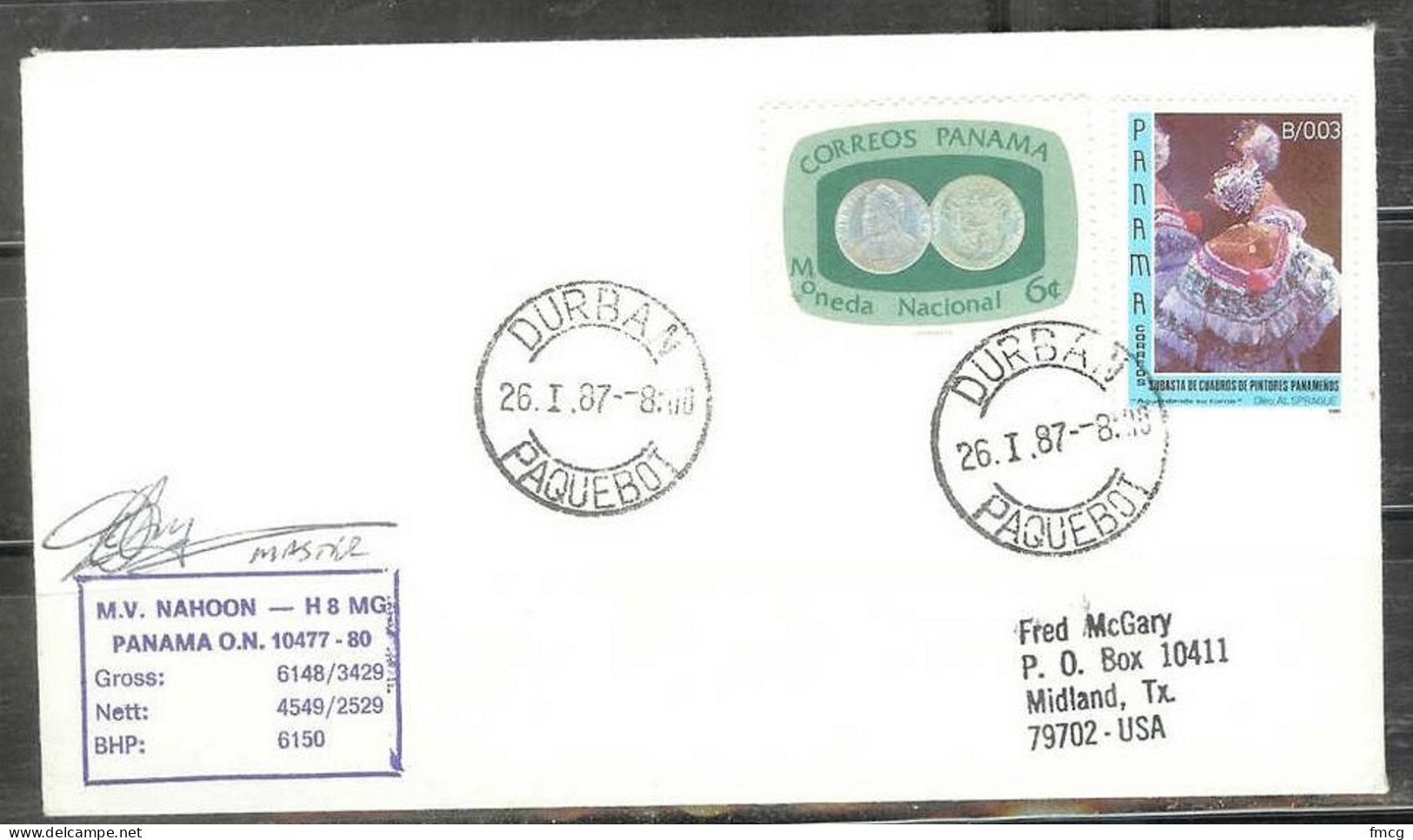 1987 Paquebot Cover, Panama Stamps Used In Durban, South Africa - Panamá