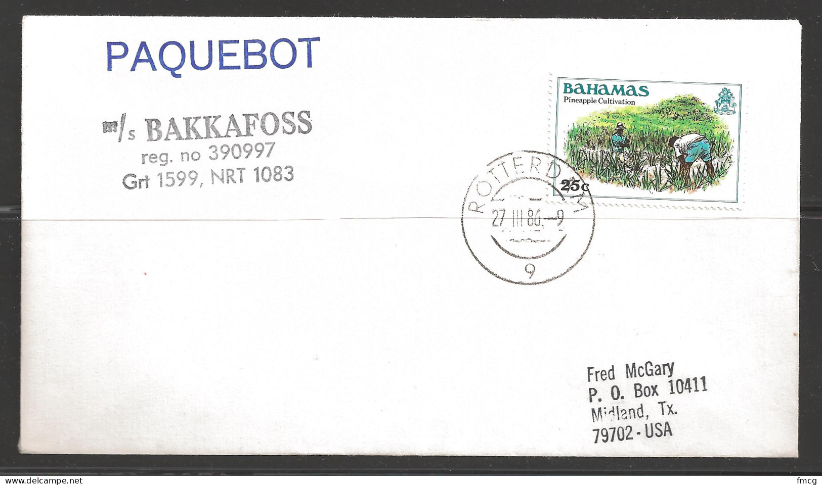 1986 Paquebot Cover, Bahamas Stamp Used In Rotterdam Netherlands - Bahamas (1973-...)