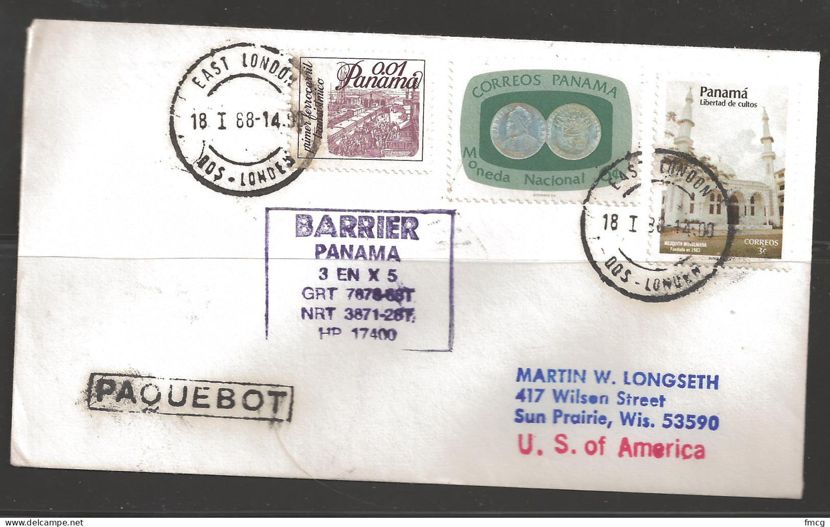 1988 Paquebot Cover, Panama Stamps Used In East London S Africa - Panama