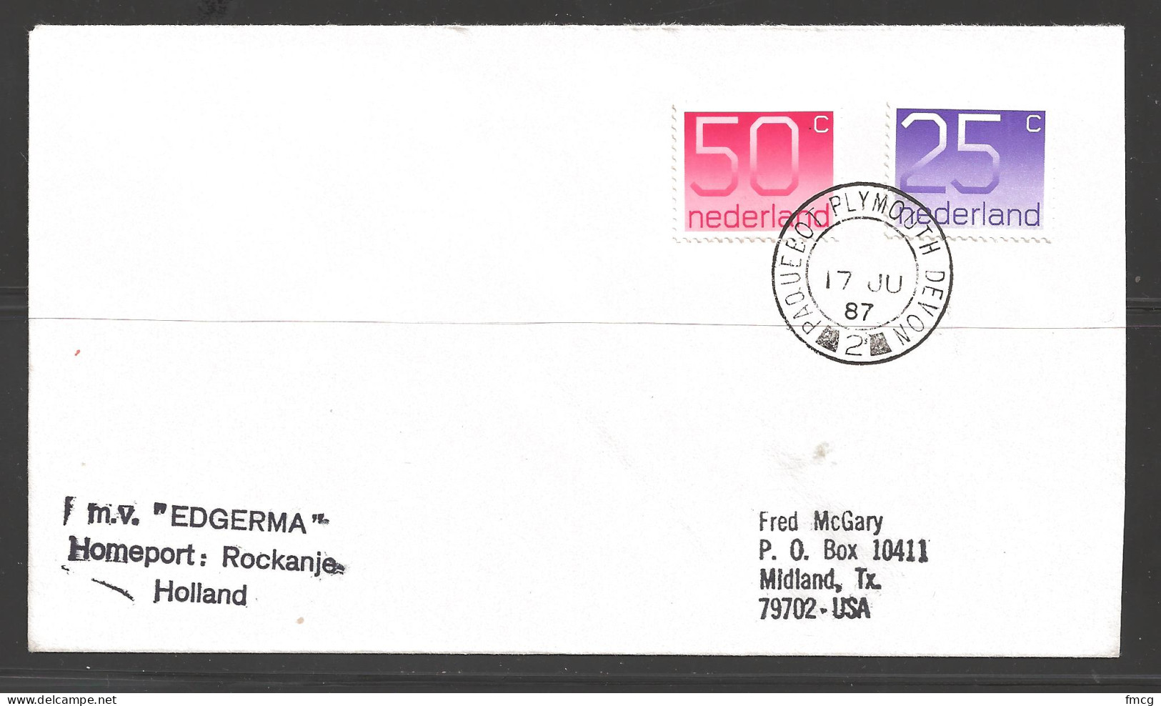 1987 Paquebot Cover, Netherlands Stamps Used In Plymouth, Devon UK - Briefe U. Dokumente