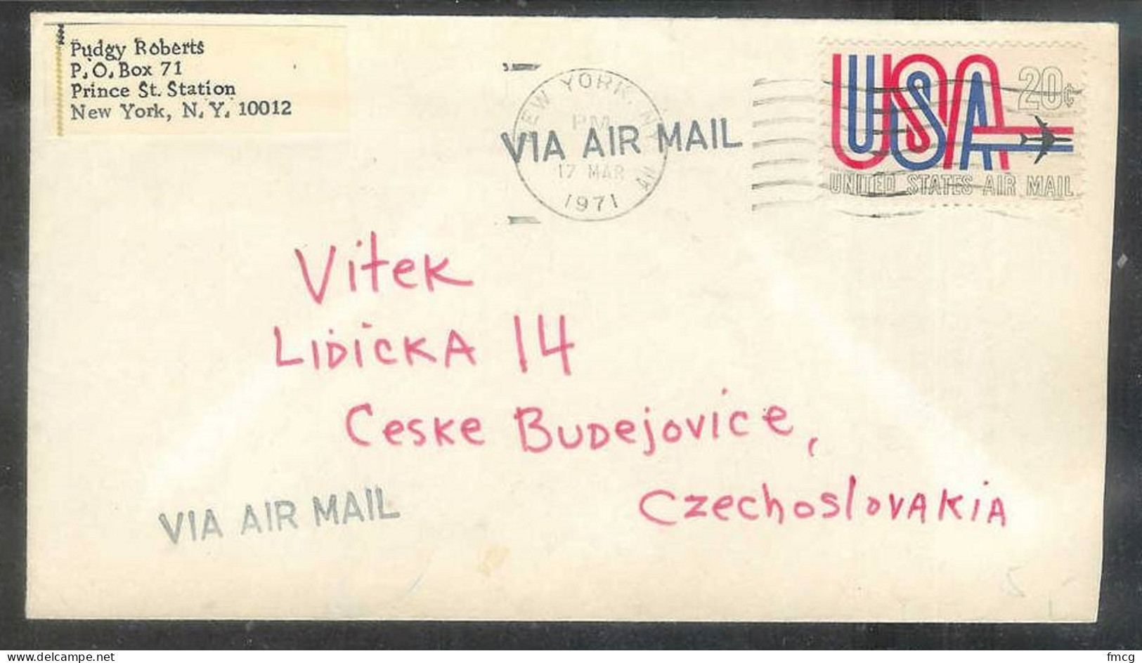 1971 (Mar 17) 20 Cents USA Air Mail, New York To Czechoslovakia - Briefe U. Dokumente