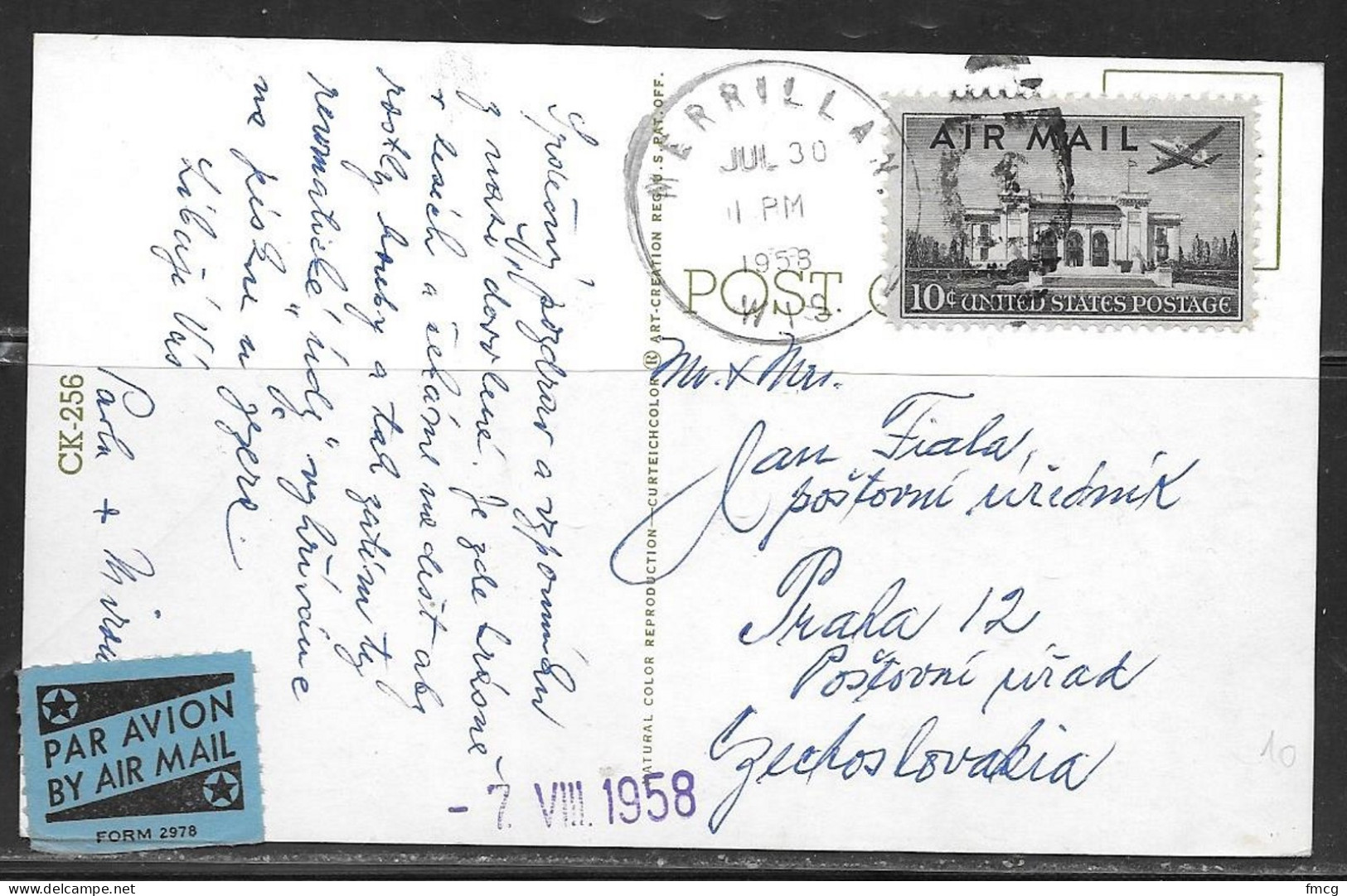 1958 10 Cents PanAm Bldg. Airmail, Ppc Merrillan, WS To Czechoslovakia - Covers & Documents