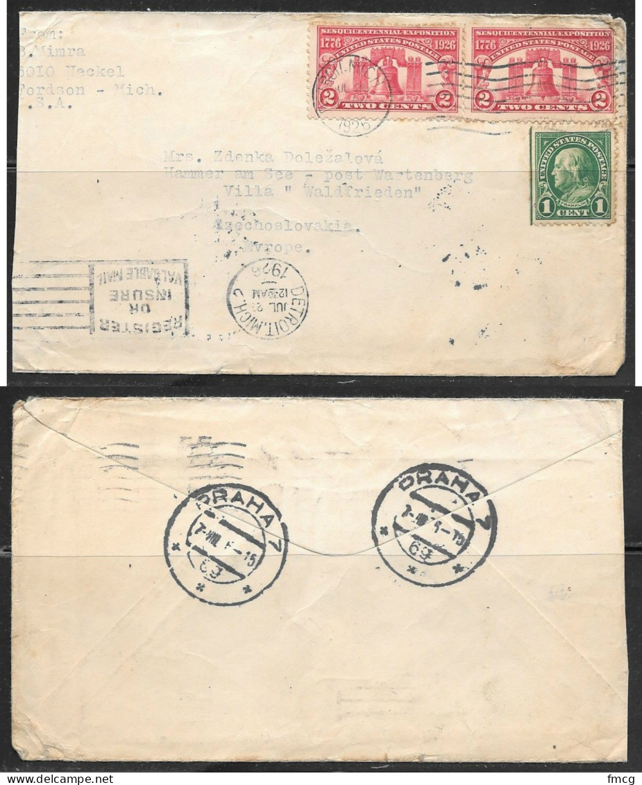 1926 Detroit Mich (Jul 23) Two Liberty Bell Stamps To Czechoslovakia - Covers & Documents