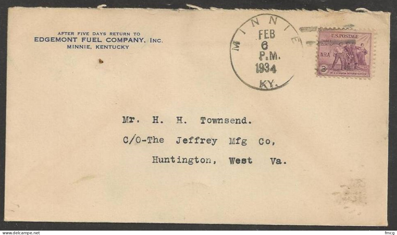 1934 Kentucky - Minnie, Feb 6 Fuel Company Corner Card - Brieven En Documenten