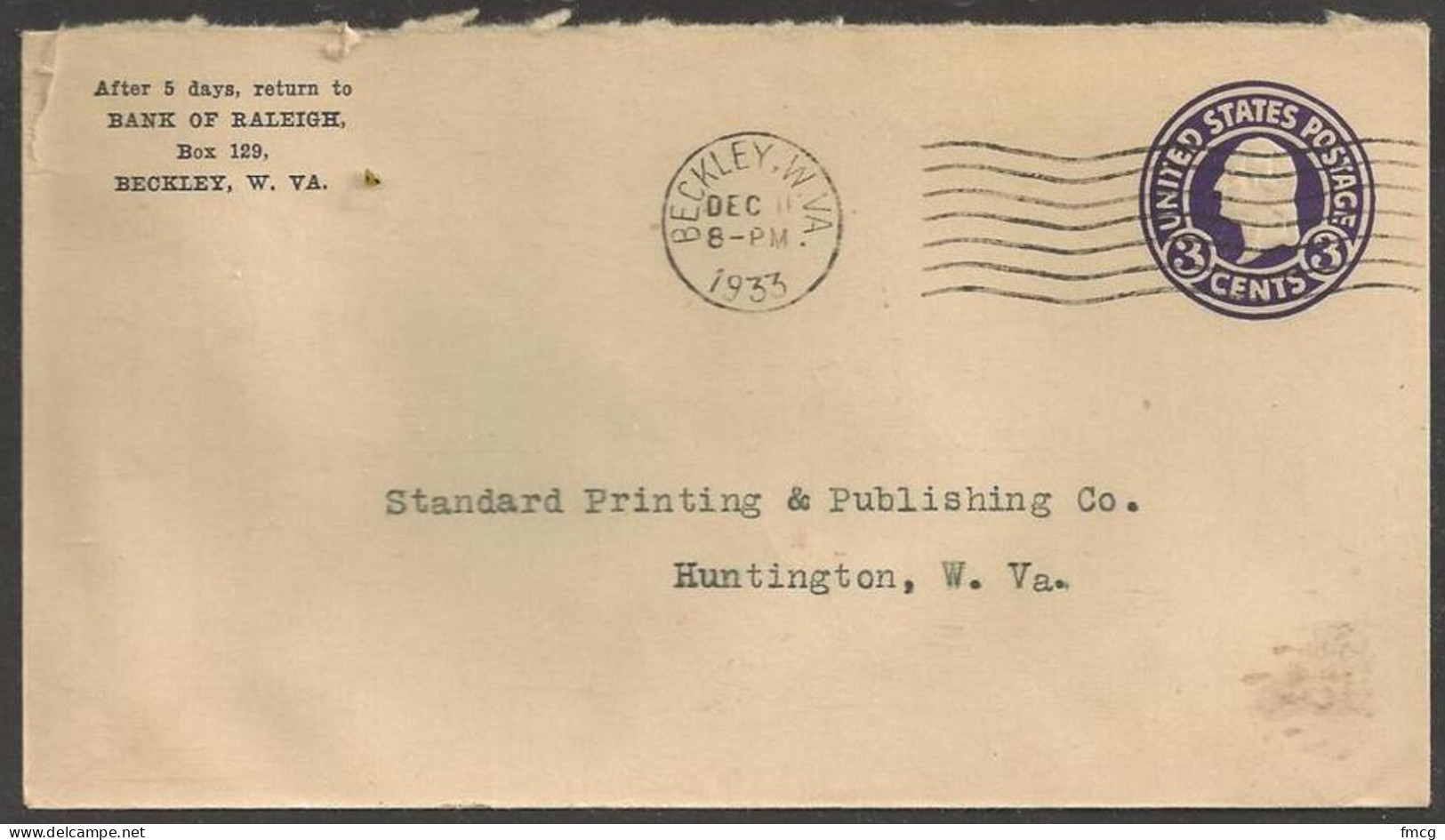 1933 West Virginia Beckley Dec 11 Bank Corner Card - Lettres & Documents