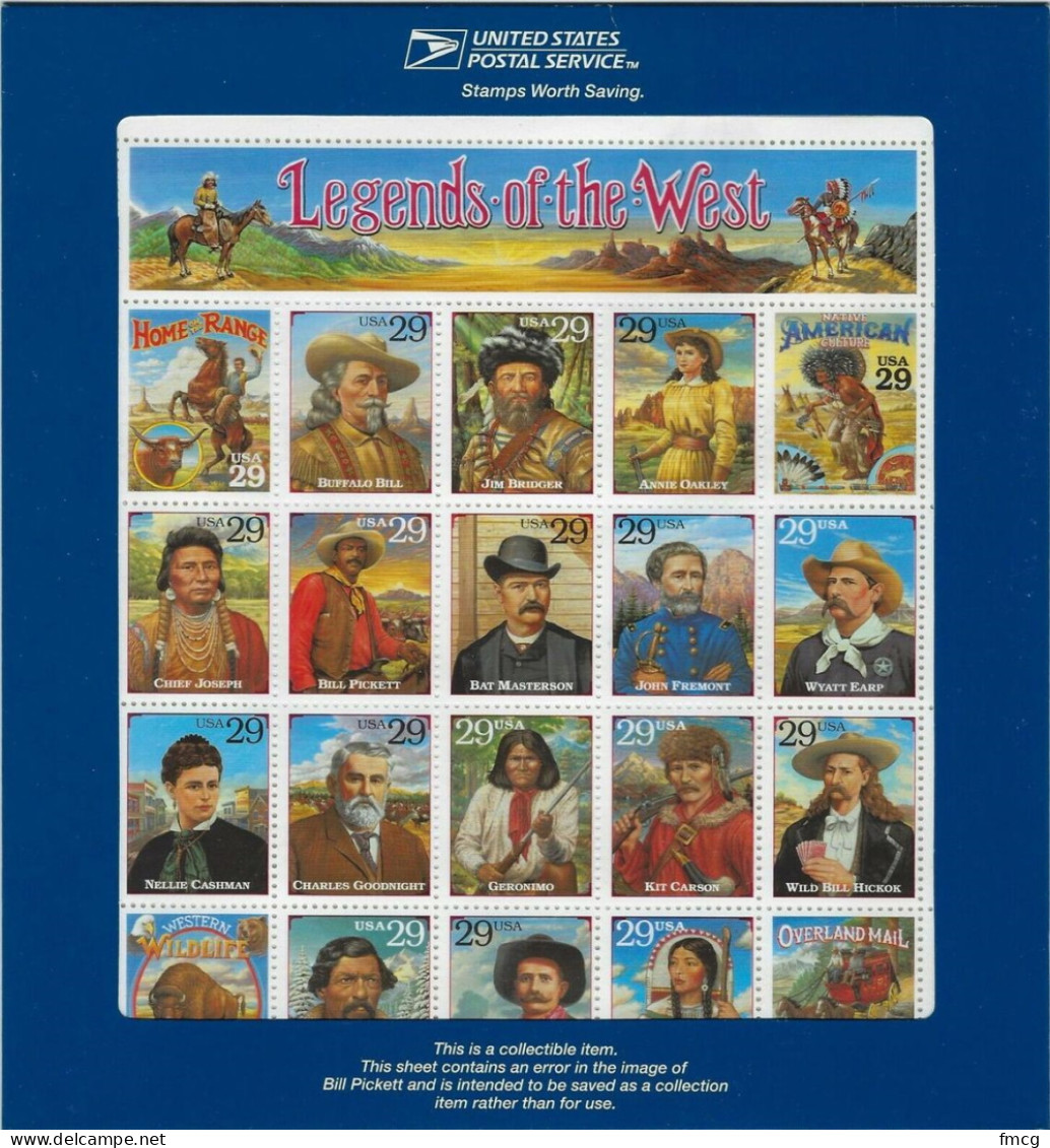 1994 Legend Of The West  ERROR Sheet Of 20, Mint Never Hinged - Unused Stamps