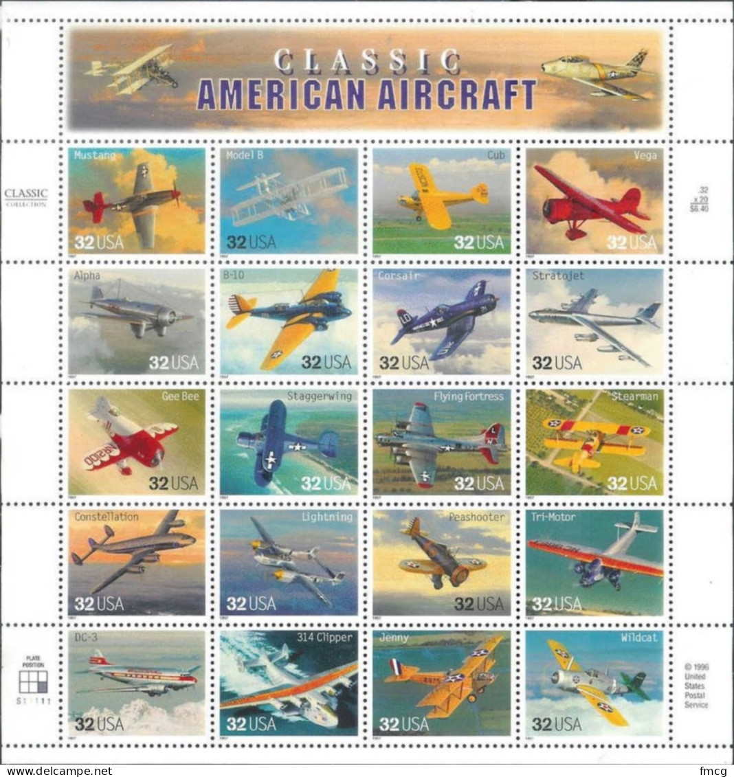 1997 Classic American Aircraft, 20 Stamps, Mint Never Hinged - Neufs
