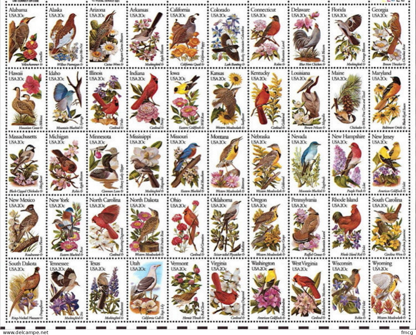 1982 State Birds And Flowers - Sheet Of 50, Mint Never Hinged - Unused Stamps
