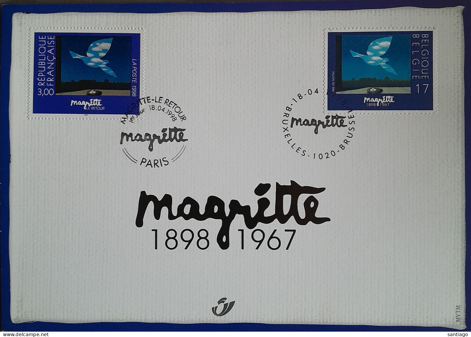 France ( Nr 3145 ) Et La Belgique ( Nr 2755 ) / Carte Souvenir => René Margritte   100 An De Sa Naissance - Covers & Documents