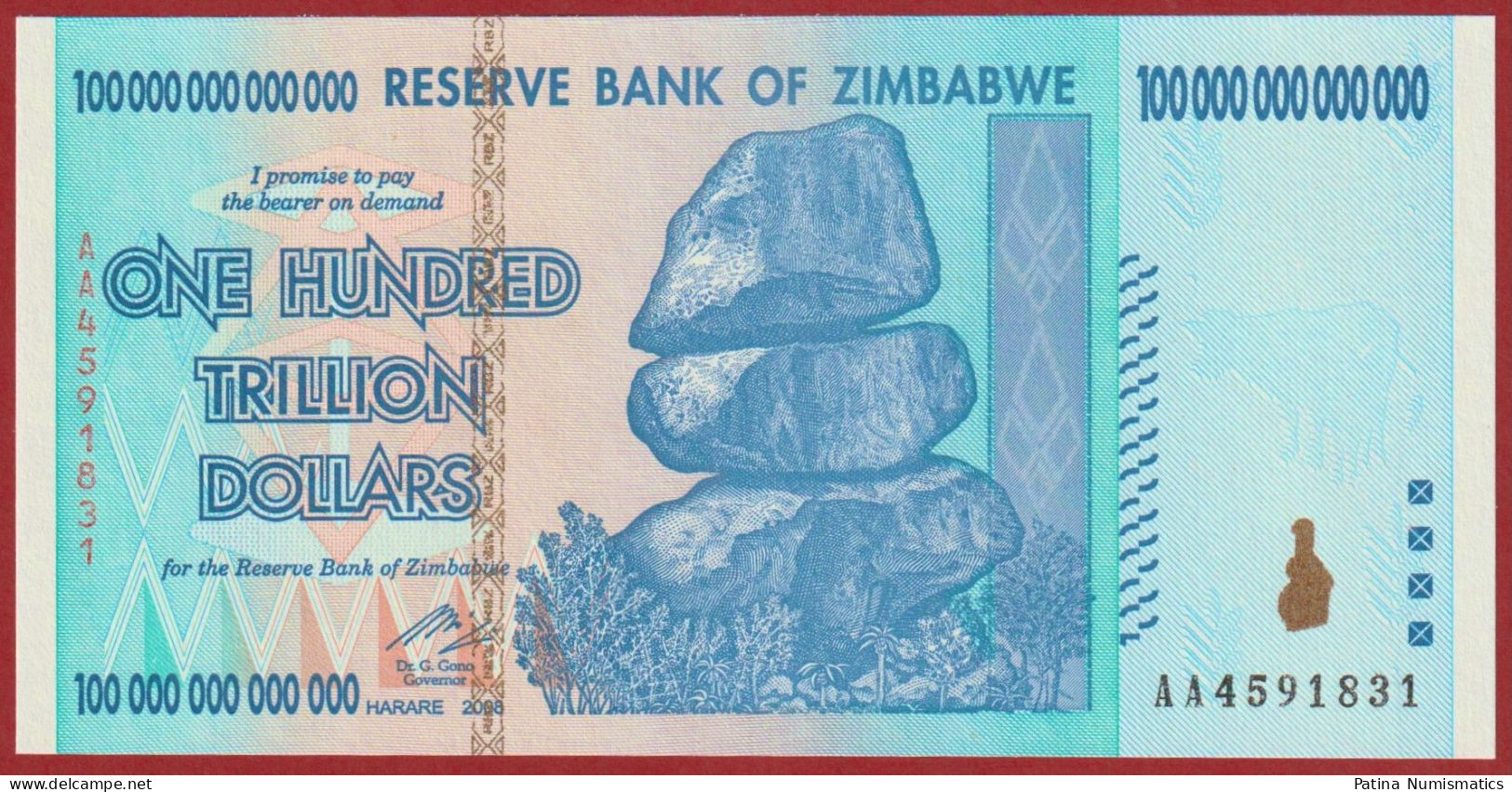 Zimbabwe 100 Trillion Dollars 2008 HYPERINFLATION P 91 AA Prefix Gem UNC - Simbabwe