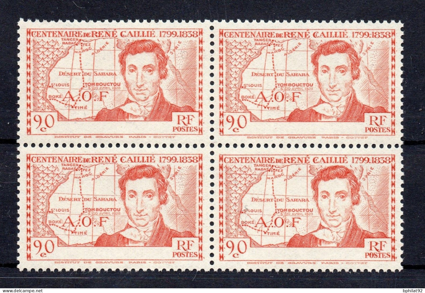 !!! COTE D'IVOIRE BLOC DE 4 DU N°141a 90C RENE CAILLE SANS LEGENDE DE PAYS NEUF ** - Unused Stamps