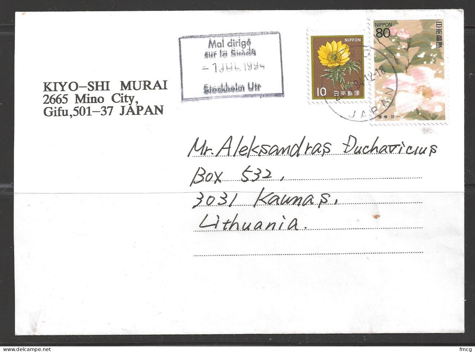 1994 (22.IV.94) To Lithuania - Covers & Documents