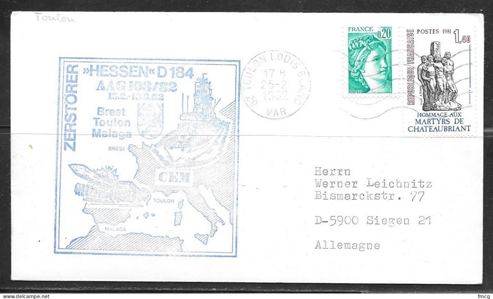 1982 France - German Navy Ship In Toulon - Zerstorer "Hessen" - Lettres & Documents
