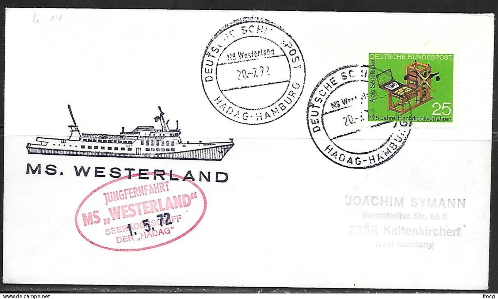 German Seapost, 1971 - M.S. Westerland, 20.2.72, Hadag-Hamburg - Lettres & Documents