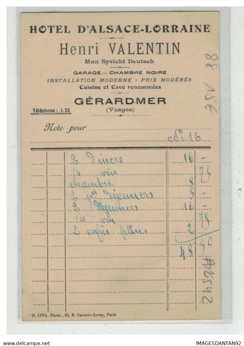 88 GERARDMER #16542 HOTEL ALSACE LORRAINE + FACTURE AU DOS PROP. HENRI VALENTIN MENU PUBLICITE - Gerardmer