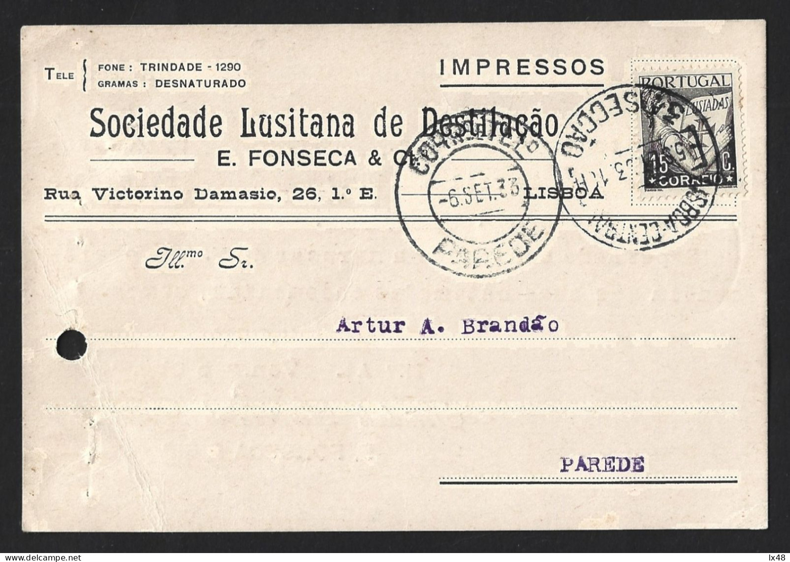 Postal Selo Livro 'Os Lusíadas' Luís De Camões. Obliteração Parede 1933. Alcóol. Destilação. Book 'Os Lusíadas' Camões - Covers & Documents