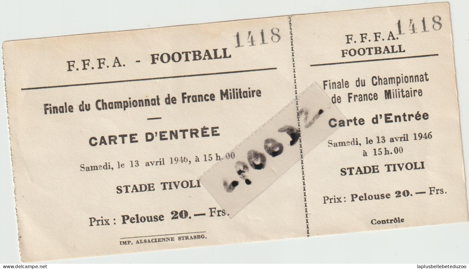 TICKET D'ENTREE - FOOTBALL - FINALE CHAMPIONNAT DE FRANCE MILITAIRE 1946 - Tickets - Vouchers