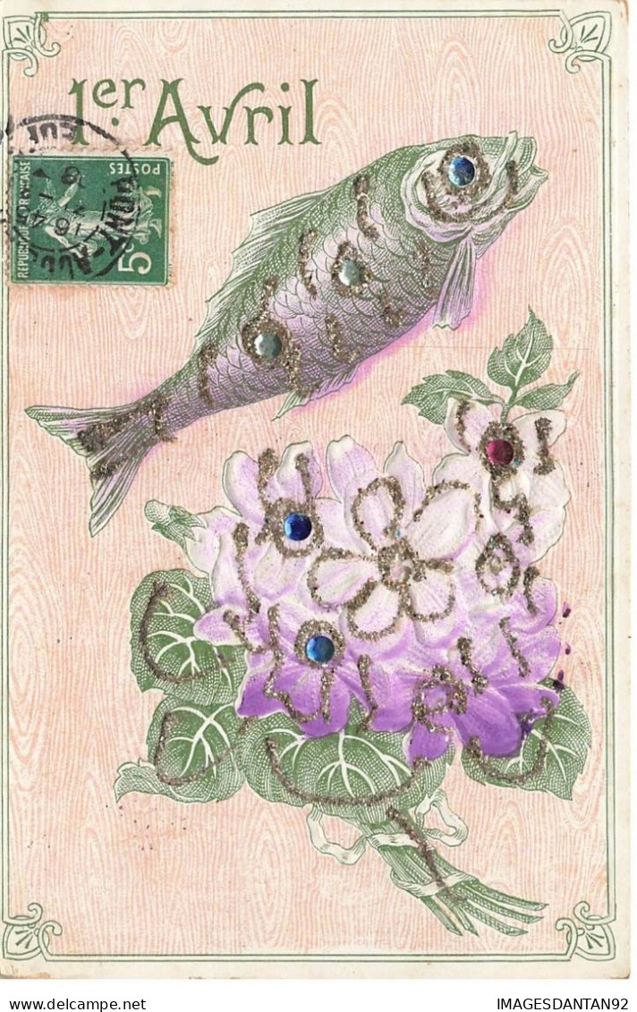 POISSONS #MK52826 1 ER AVRIL POISSON FLEUR VIOLETTE AJOUTIS GAUFREE - Pesci E Crostacei