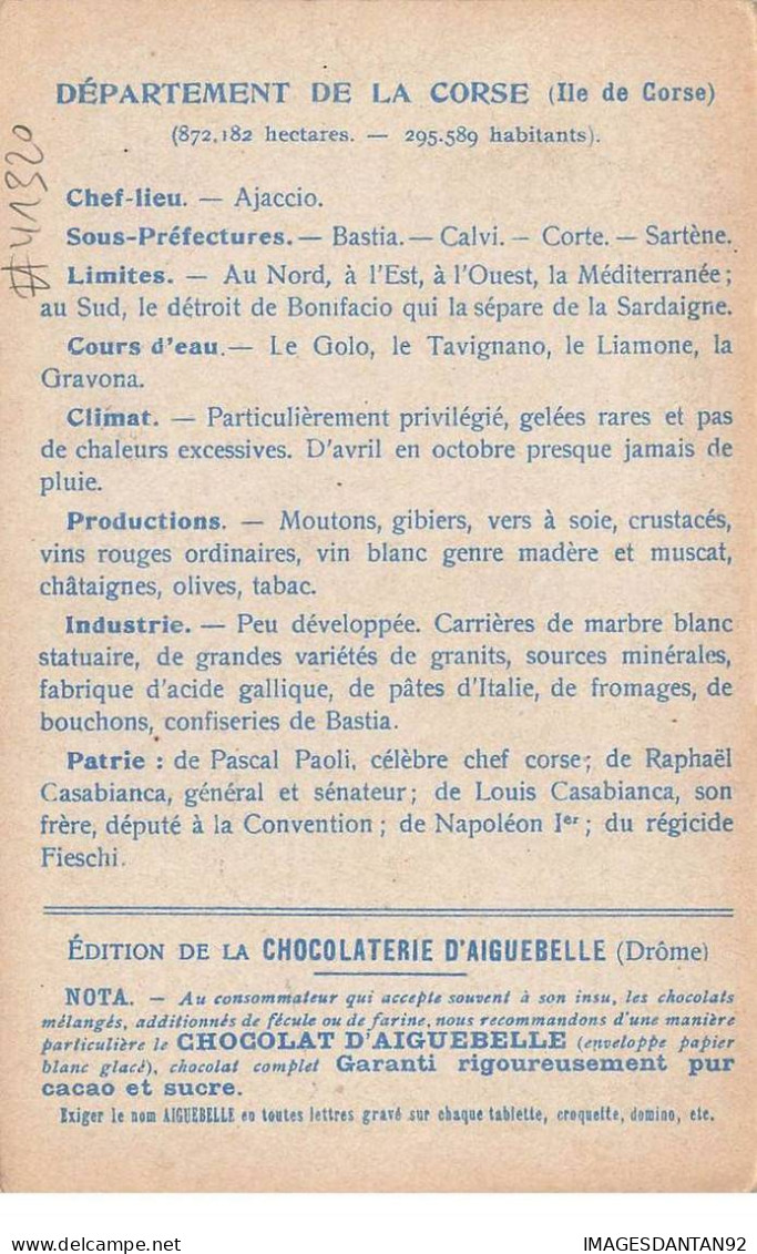 CHROMO #MK41320 CHOCOLATERIE D AIGUEBELLE LES LES DEPARTEMENTS CORSE CARTE GEOGRAPHIQUE - Aiguebelle