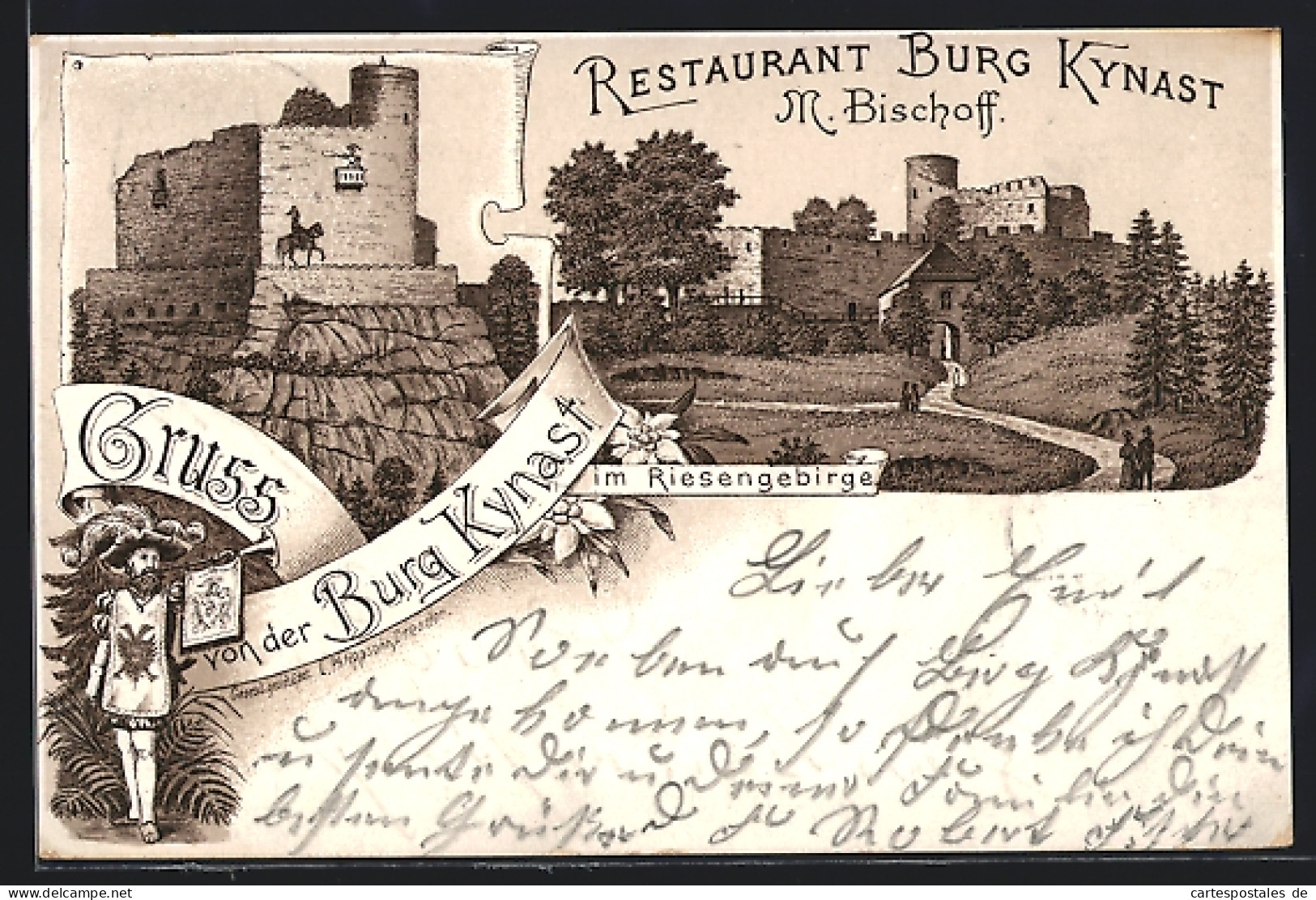 Vorläufer-Lithographie Hermsdorf, 1895, Restaurant Burg Kynast Von M. Bischoff, Ruine Der Burg  - Schlesien