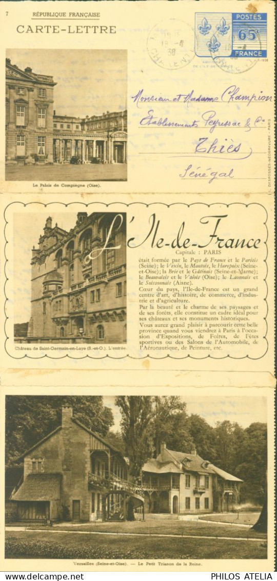 Entier Carte Lettre Armoiries Ile De France Le Palais De Compiègne N°7 CAD Charente 18 4 38 Pour Sénégal - Kartenbriefe