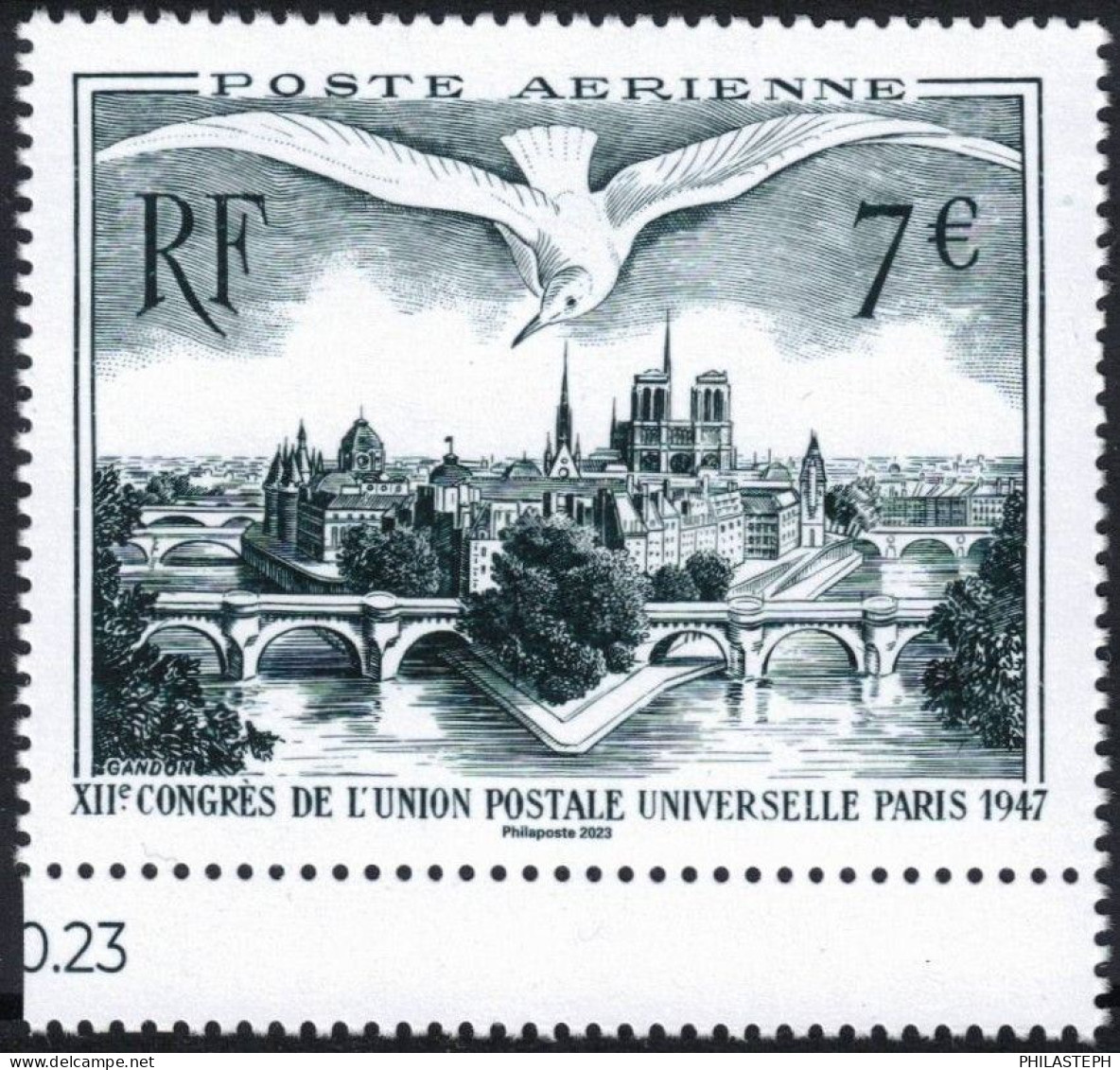 France 2023 - TIMBRE ISSU DE L'AFFICHE  POSTE AÉRIENNE  XIIe CONGRÈS DE L'UNION  POSTALE UNIVERSELLE PARIS 1947 YT 96A * - 1960-.... Mint/hinged