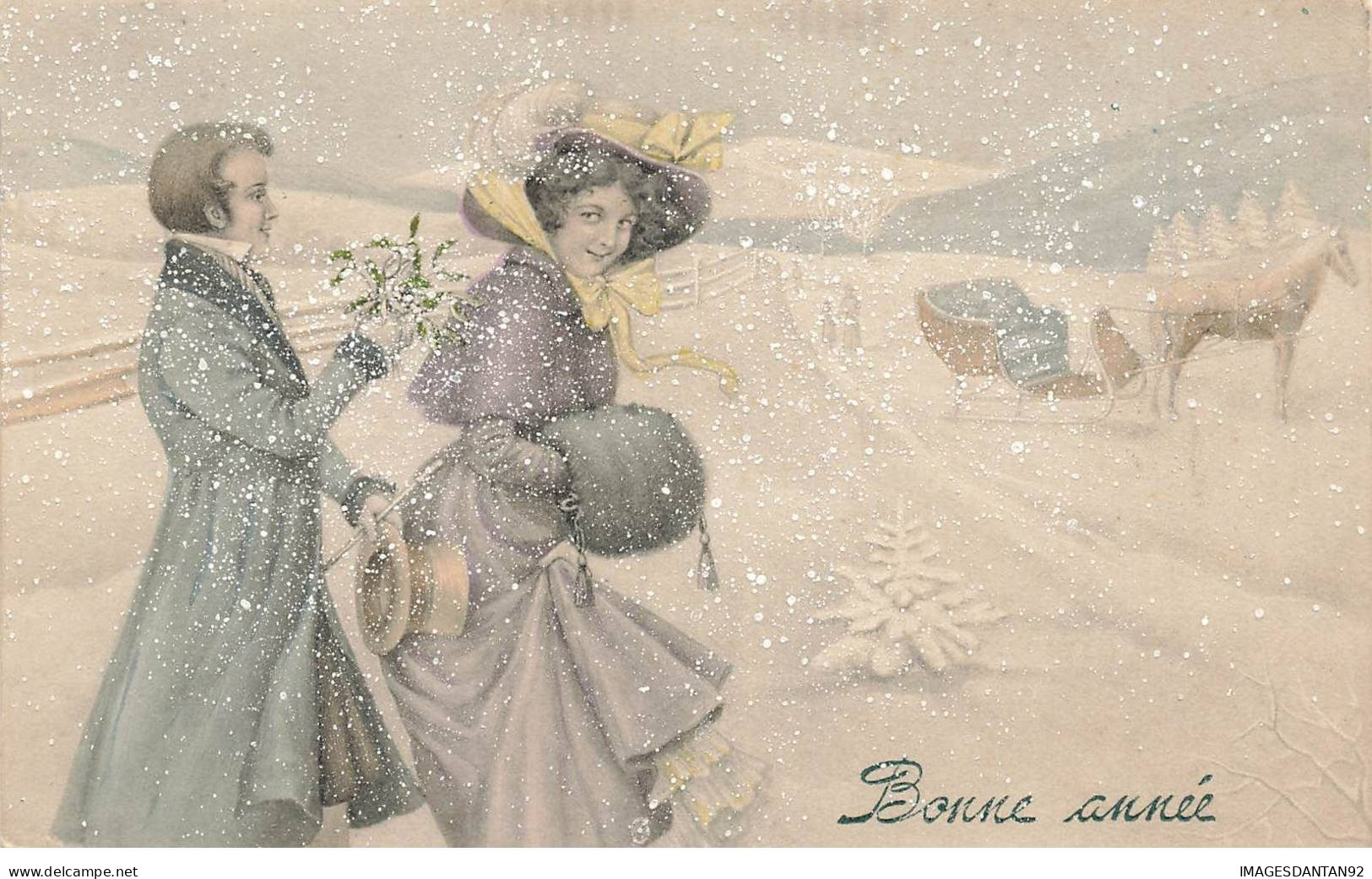 ILLUSTRATEUR AB#MK114 BONNE ANNEE HOMME ET FEMME SOUS LA NEIGE PAR ILLUSTRATEUR VIENNE - Vienne