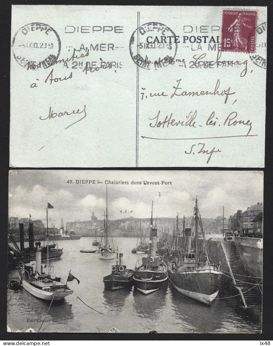 Carte Postale Du Port De Dieppe, Normandie. Fanion 'Dieppe La Mer 2h De Paris' 1920. Pennant 'Dieppe La Mer 2h De Paris - Briefe U. Dokumente