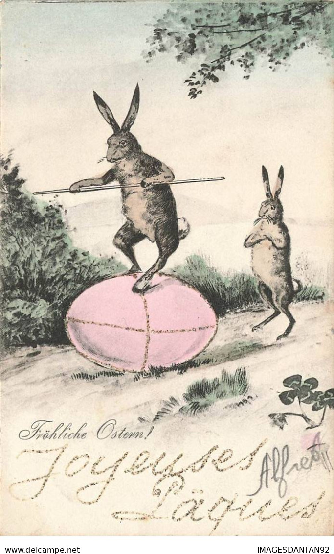 VOEUX AB#MK198 FROHLICHE OSTERN LIEVRES HUMANISES OEUF GEANT - Pâques