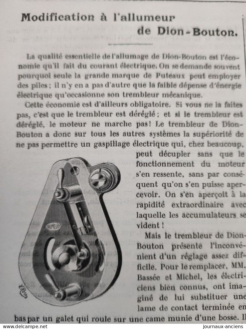 1902 AUTOMOBILE DE DION BOUTON - MODIFICATION À L'ALLUMEUR - Revue " LA LOCOMOTION " - 1900 - 1949