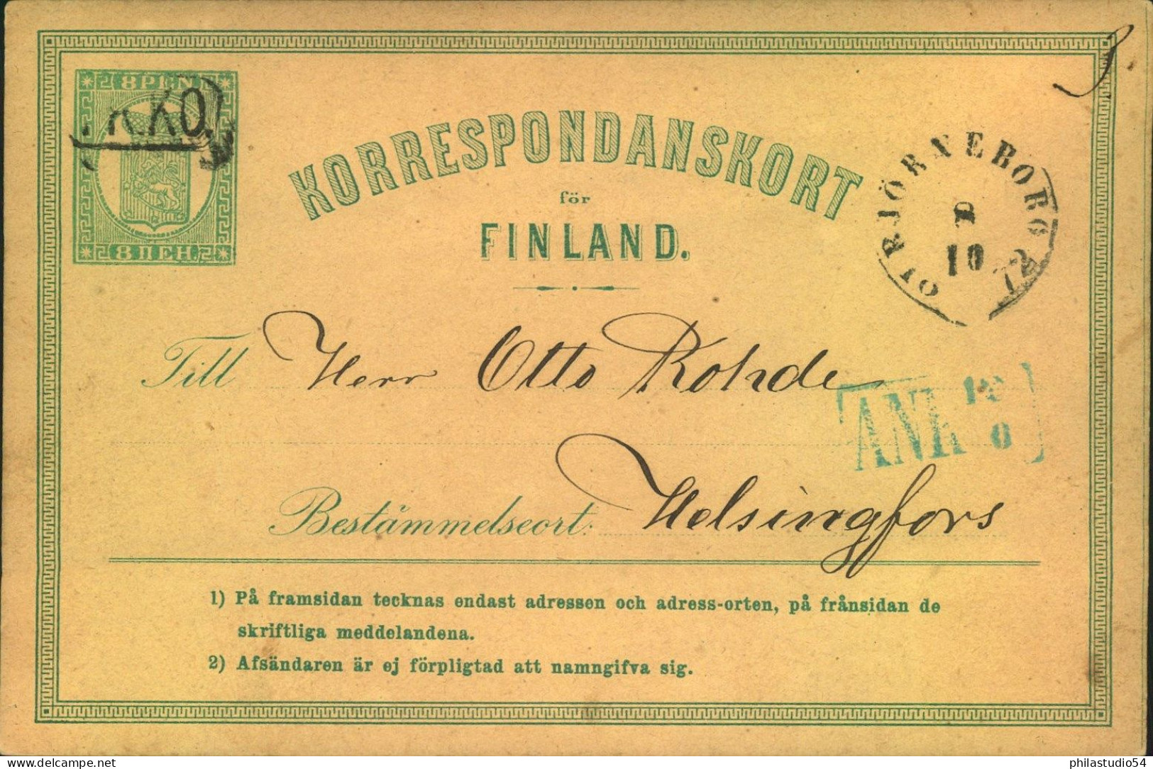 1872, 8 Pen, First Statuinery Card Of Finnland - Brieven En Documenten
