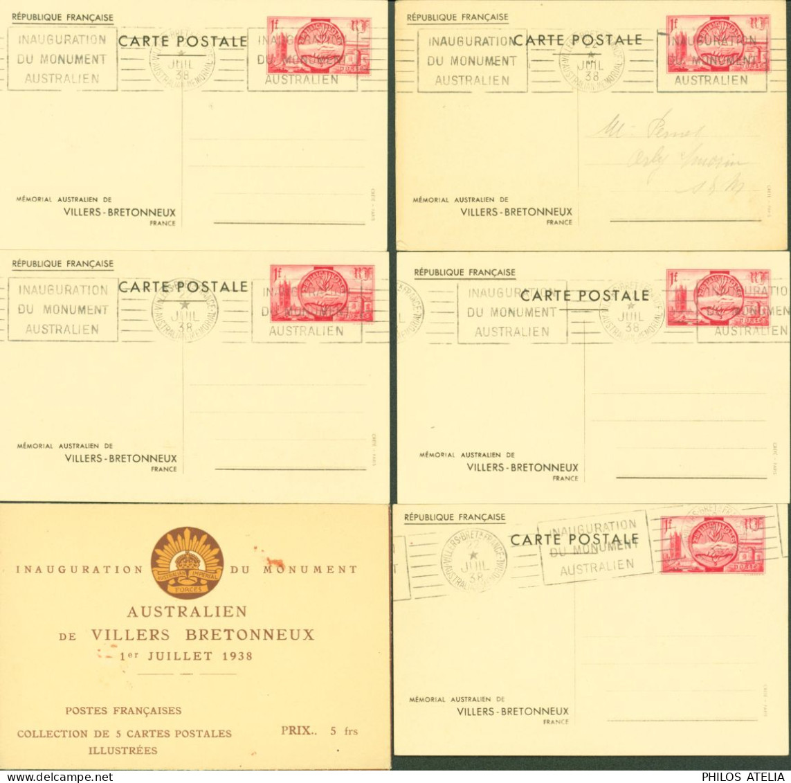 5 Cartes Postales Entiers Inauguration Monument Australien De Villers Bretonneux 1 7 1938 Avec Pochette - Standard- Und TSC-AK (vor 1995)