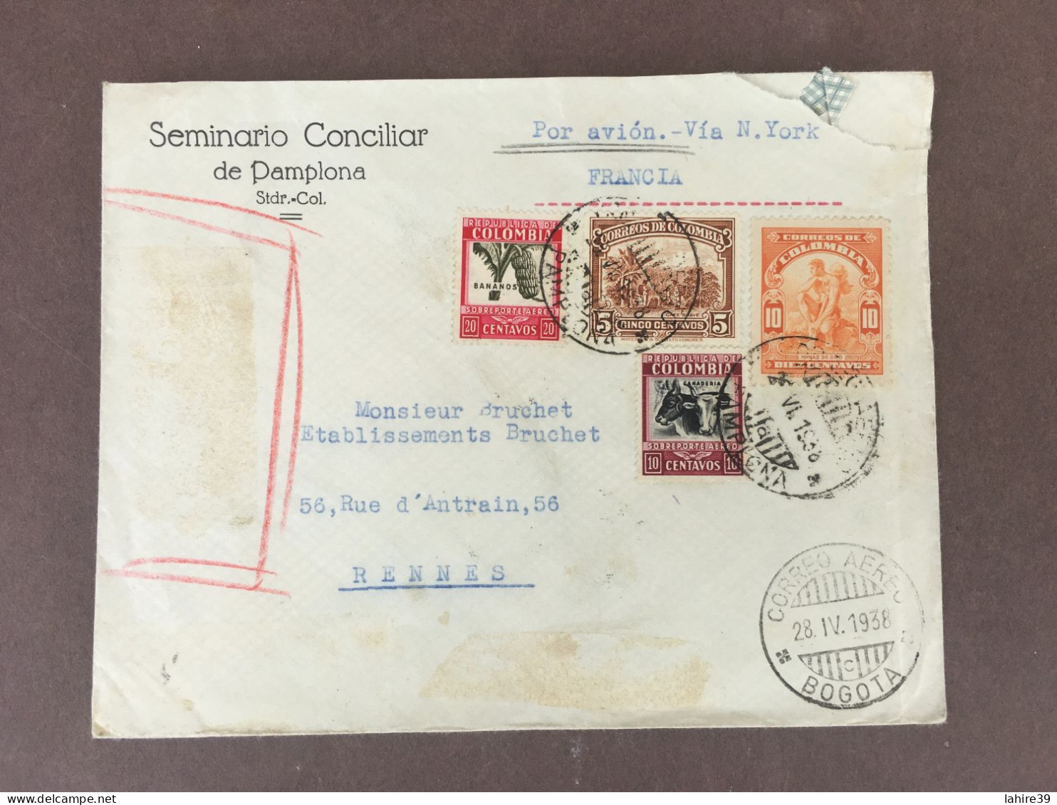 Enveloppe Timbrée / Par Avion / Séminaire De Pamplona / Bogota / Colombie / 1938 - Other & Unclassified