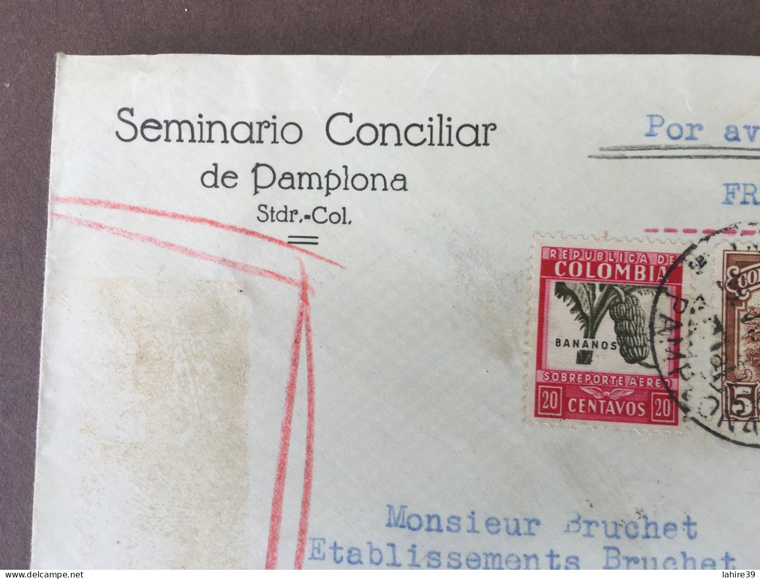Enveloppe Timbrée / Par Avion / Séminaire De Pamplona / Bogota / Colombie / 1938 - Andere & Zonder Classificatie