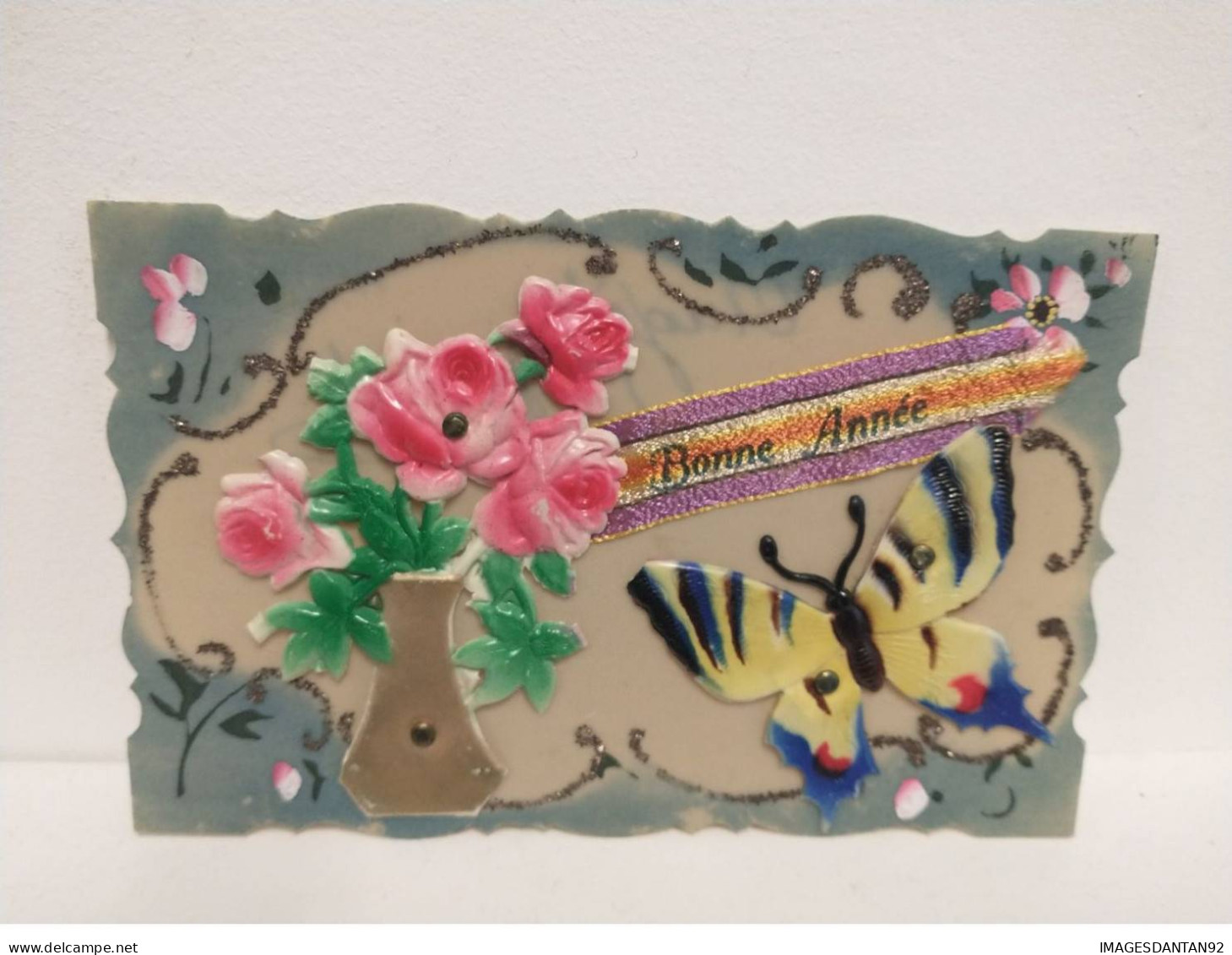 PAPILLON #FG54694 BONNE ANNEE AJOUTIS FLEURS CARTE CELLULOID - Schmetterlinge