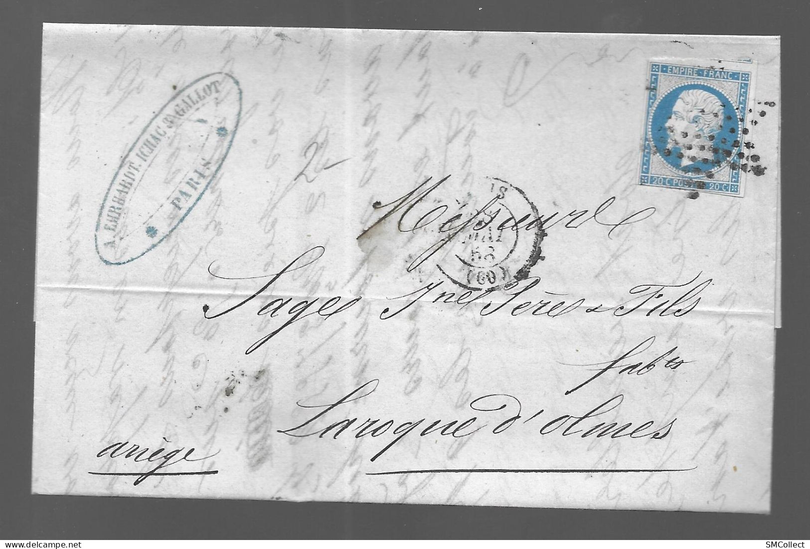 Timbre Napoléon III Bleu 20 Centimes Sur Lettre, Oblitération étoile Paris (As) - Cachets Manuels