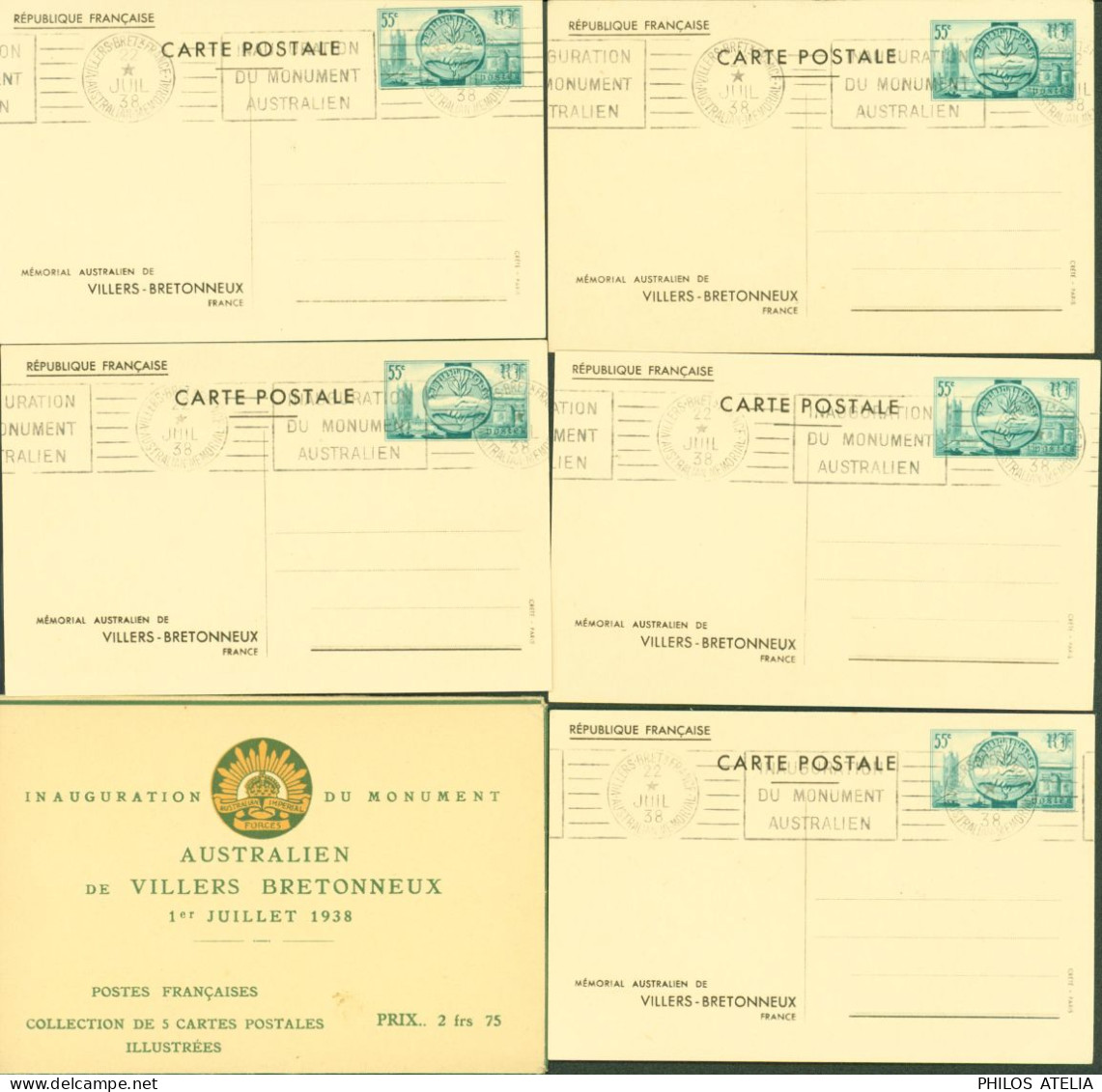 5 Cartes Postales Entiers Inauguration Monument Australien De Villers Bretonneux 1 7 1938 Avec Pochette - Cartes Postales Types Et TSC (avant 1995)