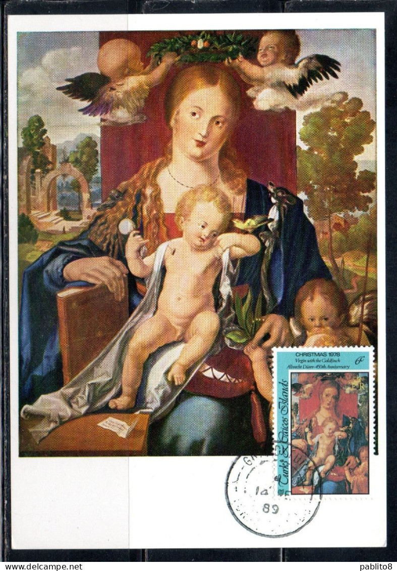 TURKS AND CAICOS 1978 CHRISTMAS PAINTING OF DURER NATALE NOEL WEIHNACHTE NAVIDAD VIRGIN GOLDFINCH 6c MAXI MAXIMUM CARD - Turks And Caicos