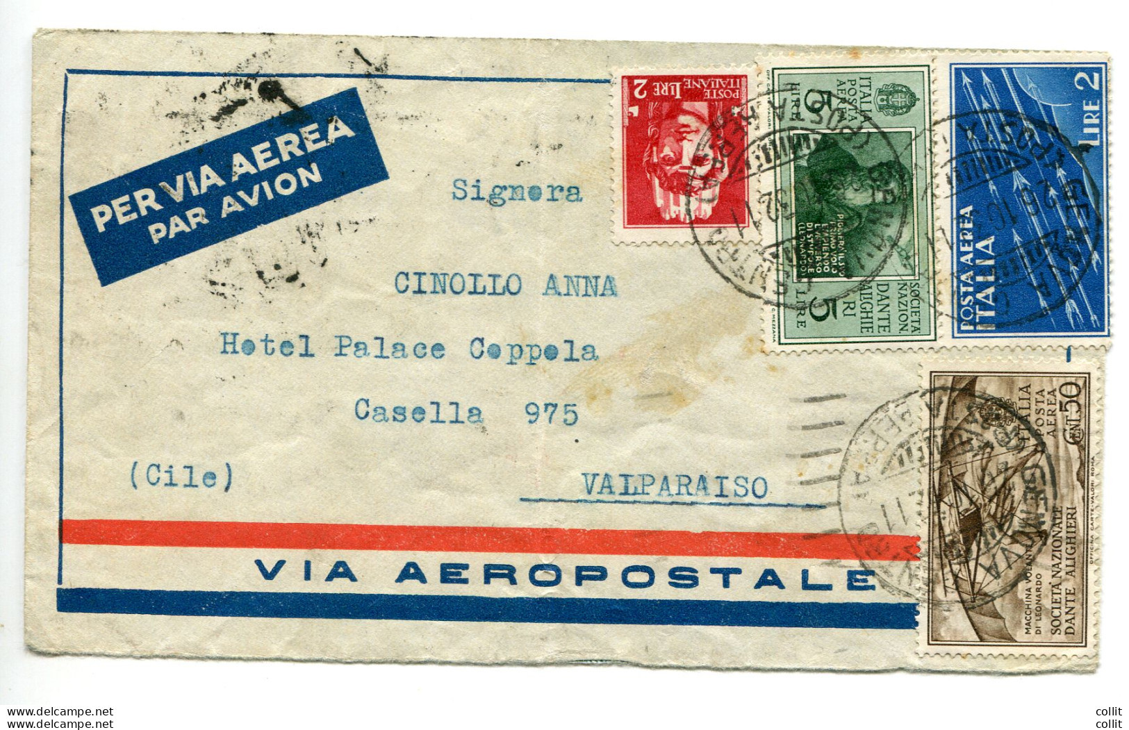Posta Aerea "Dante" Lire 5 Su Busta Via Aerea Da Genova A Valparaiso (Cile) - Marcofilía