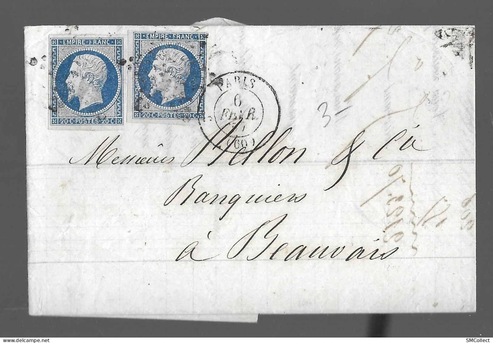 Paire De Timbres Napoléon III Bleu 20 Centimes Sur Lettre, Oblitération étoile Paris (As) - Cachets Manuels