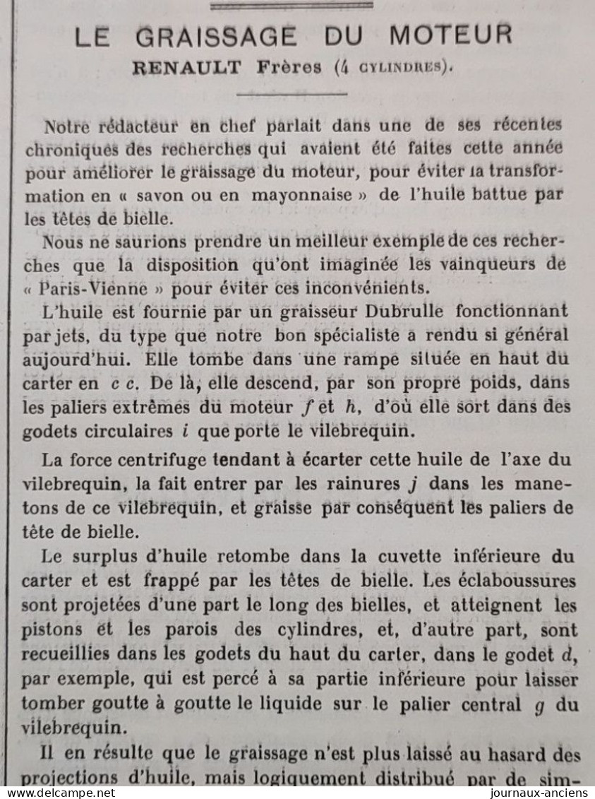 1902 AUTOMOBILE - Revue " LA LOCOMOTION " LE GRAISSAGE DU MOTEUR RENAULT Frères ( 4 Cylindres ) - 1900 - 1949