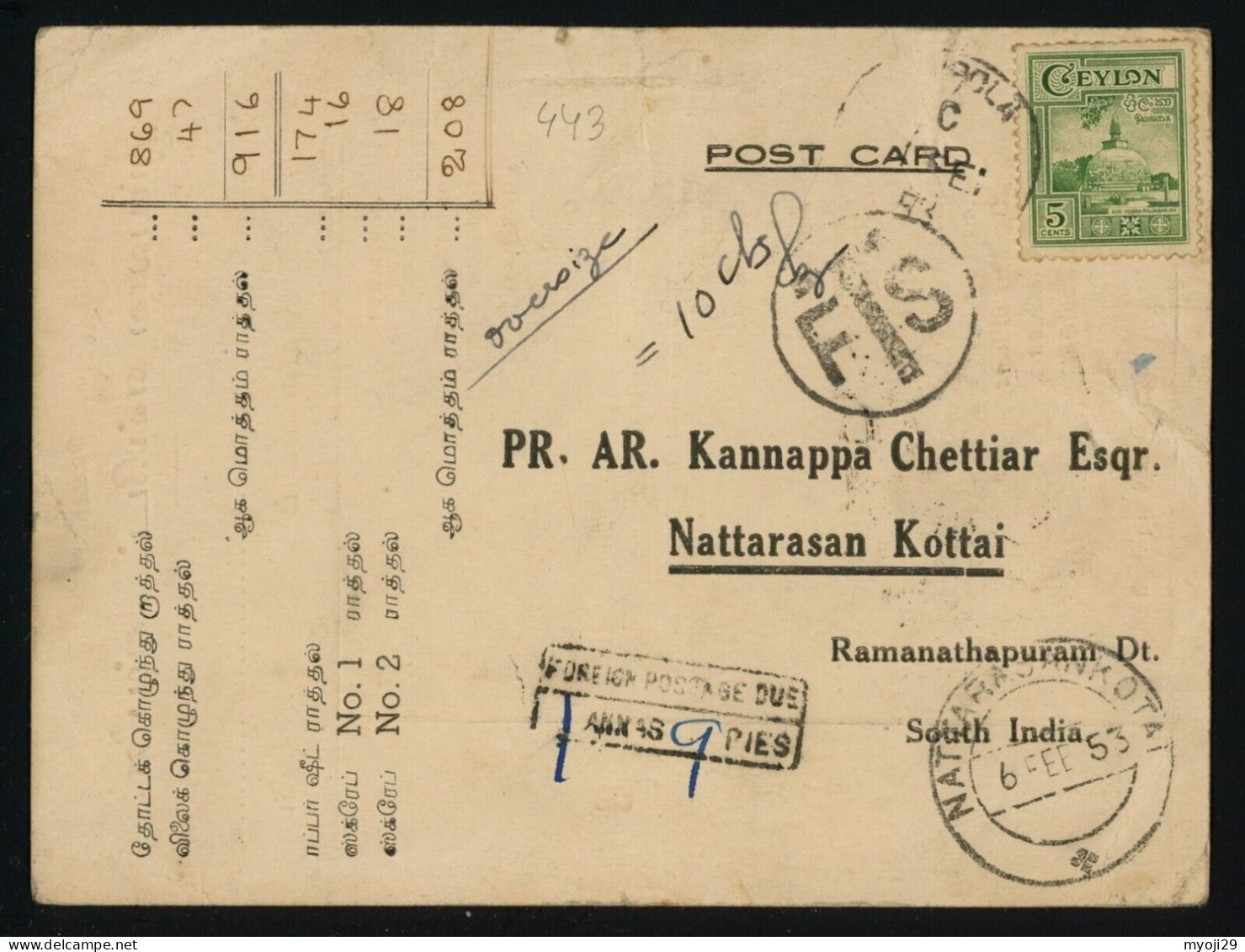 Sri Lanka Ceylon 1953 PC  FTS Cancel Postage Due 1a 9p To South India - Sri Lanka (Ceylon) (1948-...)